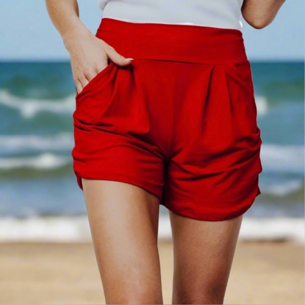 NEW Womens Red Harem Pocket Shorts, Yoga Waist Shorts, sizes S/M